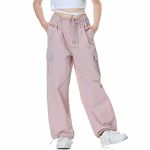 Rolanko Girls Parachute Pants, Cargo Pants for Girls Y2K Loose Jogger Trousers with Pockets Kids Clothes (Pink, 12-14)