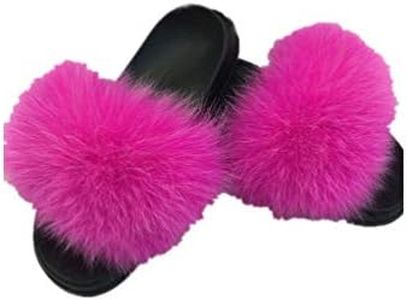 LVCOMEFF Women Real Fox Fur Sandals Slides Gray Yellow Blue Pink Color Slippers Summer Fluffy (8.5,hot pink)