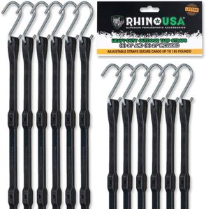 Rhino USA Rubber Bungee Cords Heavy Duty Outdoor with Adjustable Hooks (12-Pack) Assorted Weatherproof Straps with S Hooks for Tarps, Cargo, Motorcycle, Truck and More (185lbs Load Capacity)