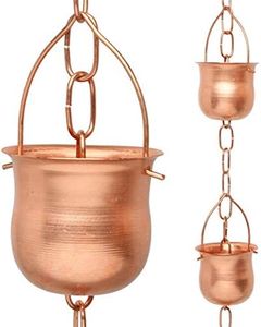 Marrgon Copper Rain Chain – Decorative Chimes & Cups Replace Gutter Downspout & Divert Water Away from Home for Stunning Fountain Display – 6.5’ Long for Universal Fit – Pot Style