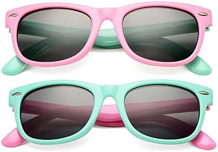 DeBuff Kids Polarized Sunglasses TPEE Rubber Flexible Frame for Boys Girls Age 3-10, A0, 2 Pack - (Pink/Green+green/Pink), M Unisex Child