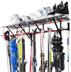 PLKOW Wall-Mounted Ski Rack, Skis Storage Rack for Garage Shed with Top Storage Shelf, Customizable Spacing, Supports Up to 560 lbs, 2-Pack