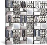 Blujellyfish Metallic Glass Mosaic Tiles Silver Gray 100% Glass Tile Water Resistant for Kitchen Backsplash Bathroom Shower Accent Wall Decor TSTGT151 (5 Square Feet)