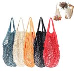 5Pcs Short Handle Net Cotton String Shopping Bag, Creatiee Reusable Mesh Market Tote Organizer for Grocery Shopper Produce Storage Beach Toys Fruit Vegetable - Less Plastic(5 Colors)