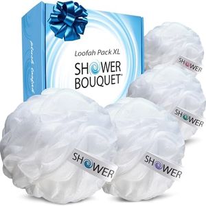 Loofah Soft-White-Cloud Bath-Sponge XL-75g-Set by Shower Bouquet: 4 Pack, Extra Large Mesh Pouf for Men and Women - Exfoliate with Big Gentle Cleanse Scrubber in Beauty Bathing Accessories