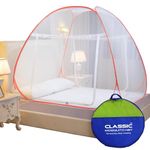 Classic Mosquito Net for Double Bed | King Size Foldable Machardani | Polyester 30GSM Strong Net | PVC Coated Corrosion Resistant Steel Wire - Orange