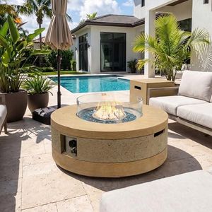 UPHA 38-inch Outdoor Patio Propane Gas Fire Pit Table 50000 BTU Concrete Round Firepit with ABS Tank Hidden Table, Wind Guard, Blue Glass Rocks, Rain Cover, Natural Wood Finish