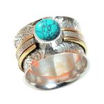 Wide Fusion Band Ring, 925 Sterling Silver Wide Band Rings for Women, Birthstone December Rings, Turquoise Bridesmaid Rings Gift Spinner/Non Spinner Size 7 (US Ring size 5, Turquoise)