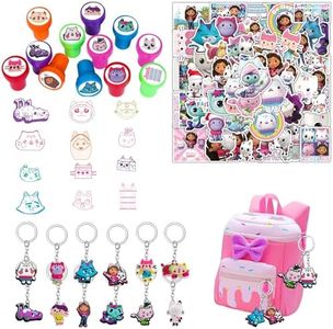 Junyaoii 74 Piece Dollhouse Party Favors, Includes 12 Dollhouse Stamps, 12 Dollhouse Keychain Pendants and Pack of 50 Stickers, for Birthday, Gift Bag Filler, Classroom Prizes