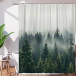 DuriLolly Green Misty Forest Shower Curtain Nature Woodland Pine Tree Shower Curtain 71x71 Inch Rustic Fog Forest Scenery Plant Bathroom Curtains Set with 12 Hooks Waterproof Polyester Fabric