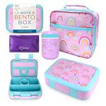 Thermos Bento Lunch Box for Kids Set, Food Jar for Hot Soup, Insulated Lunc Bag and Ice Cold Pack, Stainless Steel Thermos, Container Boxes with 4 Compartments, Purple Rainbow