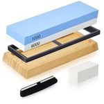 Whetstone Knife Sharpener Kit, Double Side Sharpening Stones 1000 6000 Grit, Knife Sharpening Stone with Non-Slip Bamboo Base Flattening Stone Angle Guide for Chef Knife, Kitchen Knife, Hunting Knife