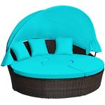 Tangkula Patio Round Daybed with Retractable Canopy, Outdoor Wicker Rattan Furniture Sets, Sectional Cushioned Sofa Set w/Height Adjustable Coffee Table, Rattan Conversation Sets (Turquoise)