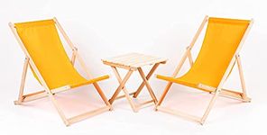 Set of 2 Wooden LOUNGER + TABLE Modern Sun Loungers Padded Wooden Garden Sea Chair PATIO SEASIDE Folding Hardwood Beach (Yellow)