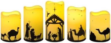 ONEIHOMM 5 Pcs Christmas Flameless Candles with Timer, Nativity Scene Candles Battery Operated,Led Pillar Religion Candles for Indoor Outdoor Decorations Xmas Holiday Home Decor