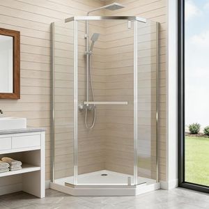 Neo-Angle Shower Door Kit, 36”W x 72”H 1/4” 6mm Corner Shower Kit with Shower Base, Frameless Glass Shower Doors Shower Enclosure with Explosion-Proof Film Clear Tempered Glass, Chrome