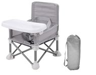 LADIDA Foldable Portable Baby Travel Booster Seat with Tray – High Chair for Dining, Camping, Beach – Toddler Feeding Chair with Removable Tray & Carry Bag (Grey) 308