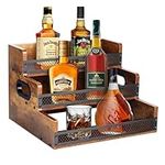 Alyoen Liquor Bottle Display Shelf, 12 Bottles Coffee Syrup Rack Organizer, 3 Step Countertop Liquor Wine Rack, Liquor Organizer with Fences and Handles, Home Retro Bar Shelf Stand for Liquor Whiskey