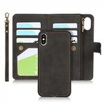 Zouzt Zipper Coin/Cash Wallet Case Compatible with iPhone Xs/X,[6 Card Slots] [Wrist Strap] [Stand Feature] Detachable 2 in 1 Magnetic Leather Slim Cover Case for iPhone Xs-Black