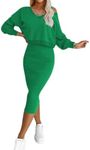 Elssime 2024 Women's Ribbed Dress Sweatshirt Combo 2pcs Ribbed Midi Dress and Cropped hi lo Sweatshirt Kelly Green (US, Alpha, Large, Regular, Regular, Green)