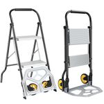 POWSTR 2 in 1 Folding Sack Truck and 2 Step Ladder,Aluminum Sack Trolley with Large Wheels for Stairs, Folding Stepladder with Anti-Slip Pedal for Home Kitchen Office,100KGS Capacity,Black