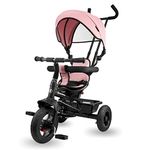 HyperMotion Toddler Tricycle with Parent Handle - Adjustable Push Bar Trike for Ages 1-4, Removable Canopy & Safety Belt - Lightweight Kids Bike with Storage Basket (Pink)
