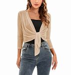 Hairwilly Womens Tie Top 3/4 Sleeve Shrug Bolero Cardigan Lightweight Shrug Khaki