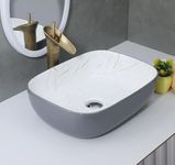 SEA SHORE Premium Designer Table Top Ceramic Wash Basin For Living Room/Countertop Vessel Sink with Slim Rim for Bathroom (46.5x32.5x13 CM, Grey & White)