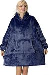 Lillian's HOME Oversized Flannel Blanket with Long Sleeves, Wearable and Cozy with Large Front Pocket, Sherpa Fleece Lining for Adults, Teens and Children One Size Fits All (Navy)