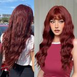 Creamily Long Hair Wig For Women Full Head,Wavy Bulk Hair Wigs For Women,Natural Looking Wave Hair Wig With Middle Part Synthetic Wigs For Daily Use Hair Week For Women Ladies Hair Wig 24Inch Wine Red