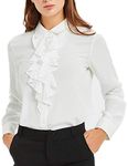 ACONIYA Womens Vintage Long/Short Sleeve Lotus Ruffled Casual Work Shirt Chiffon Blouse Basic Tops, White, X-Large