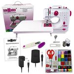 Sew Mighty Portable Mini Sewing Machine & Sewing Kit – 12 Pre Programmed Stitch Patterns – Battery and AC Operated, Dual Speed, Sews Forward & Reverse, AC & DC Power – Includes Foot Pedal