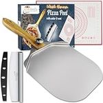 Pizza Peel 12 X14 inch Aluminum Pizza Paddle with Foldable Wooden Handle | Pizza Cutter Rocker and Pizza Mat | Pizza Peel Oven Accessories and Tools for Pizza Bread, Dough, Pizza Peel Spatula