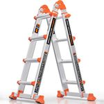 KINGRACK 4 Step A Frame Telescopic Ladder, 14Ft Non-Slip Aluminium Combination Extension Ladder With Stabilizer Bar, 330LBS Heavy Duty Foldable Ladder For Home Garden Roof Work