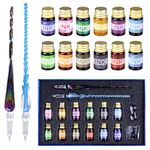 OFUN Glass Dip Pen Set, Crystal Ink Pen Set with 2 Glass Pens, 12 Colorful Inks,Pen Holder and Cleansing Cup, Dip Pens for Art, Writing, Drawing, Signatures, Gift for Kids and Artist