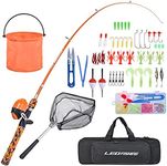 LEOFISHING Kids Fishing Pole Set with Full Starter Kits Portable Telescopic Fishing Rod and Spincast Reel with a Fishing Net and Bucket for Boys Girls and Youth (Orange)