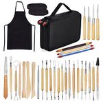 Clay Sculpting Tools,YZNlife Set of 30 Pottery Tools Clay Modelling Tools Kit Wood Clay Carving Tools Set with Storage Bag,Apron and Sleeves for Xmas Gifts