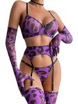 Aphrotiny Women's Leopard Lingerie Sexy Lingerie Set with Stockings & Gloves 6 Piece Bra and Panty Sets with Choker