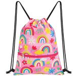 Rainbow Drawstring Backpack for Kids - Gym DrawString Bag for kids Swim Bag Girls Dance Draw String Bag Waterproof Beach Sport Gym String Bags with Zipper Pocket Pink Cinch Backpack for Girls