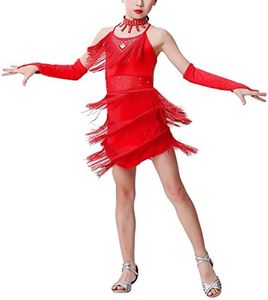 Girls Latin Dress Shiny Diamonds Halter Sleeveless Tassels Dancewear Samba Rumba Jazz Cha Cha Dance Dresses Red, 8-9 Years