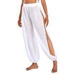 American Trends Womens Cover Ups for Swimwear Sheer Mesh Pants High Waist Beach Swimsuit Bikini Bottom Cover up Pant, Side Split White, Small