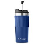 InstaCuppa Portable French Press Travel Mug for Coffee with Effortless Press Mechanism, Durable Steel Mesh Filter, Spill-Proof, Anti-Slip Grip, Perfect for Busy Moms On The Go, 400 ML, Navy Blue