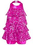 inlzdz Kids Girls Sequins Halter-Neck Backless Jazz Latin Dance Tassel Dress Samba Tango Modern Dance Performance Costume Rose 9-10 Years