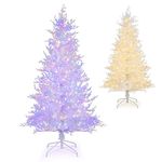 COSTWAY 6 FT Artificial Pre-lit Christmas Tree, Flocked Xmas Tree with 383 PE Branch Tips, 300 LED Lights, Auto Timer, 11 Dynamic Modes and 2 Lighting Colors, Hinged Decoration Tree