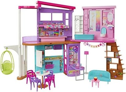 Barbie Casa Malibú Casa de muñecas plegable 2 pisos con 6 habitaciones y muebles, incluye 30 accesorios, juguete de regalo +3 años (Mattel HCD50)