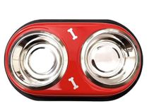 URBANPET Double Diner Dog Food Bowl and Cat Food Bowls Anti Slip Mat | Set for Drinking or Eating Food (300ml X 2) | Detachable Non-Skid Stainless Steel | Bowls for Cat, Dog, Kitten | (600 ml Red)