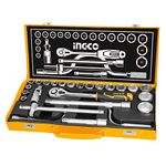 INGCO HKTS0243 24Pcs 1/2" Socket Set, 18pcs 1/2" CRV DR. Sockets, Extension Bar, Universal Joint, Sliding T Bar, Speeder Handle, Quick Ratchet Handle, Hand Tools Set with Metal Box (1 Set)