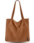 Prite Corduroy Tote Bag for Women Large Shoulder Bag with Zipper and Pockets for College Work Travel Shopping(Brown)