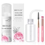 BREYLEE Lash Shampoo, 60ml+Rinse Bottle+Wand+Brush, Eyelash Extension Cleanser for Extensions, Lash Wash, Lash Bath, Lash Cleaner, Paraben & Sulfate Free for Salon and Home Use