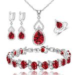 LMXXVJ Women's Jewelry Sets - Platinum Plated Earring and Necklace Set Open Ring Bracelet - Red Cubic Zirconia Jewelry Gifts for Mom/Wife/Sister/Best Friend